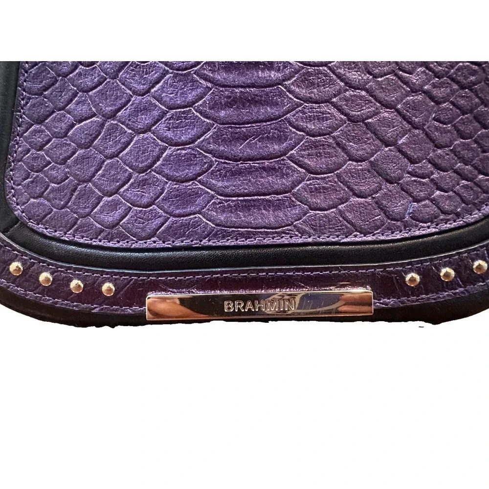 Brahmin Leather Crossbody Purse Iridescent Purple Exotic Textured Studded Flap